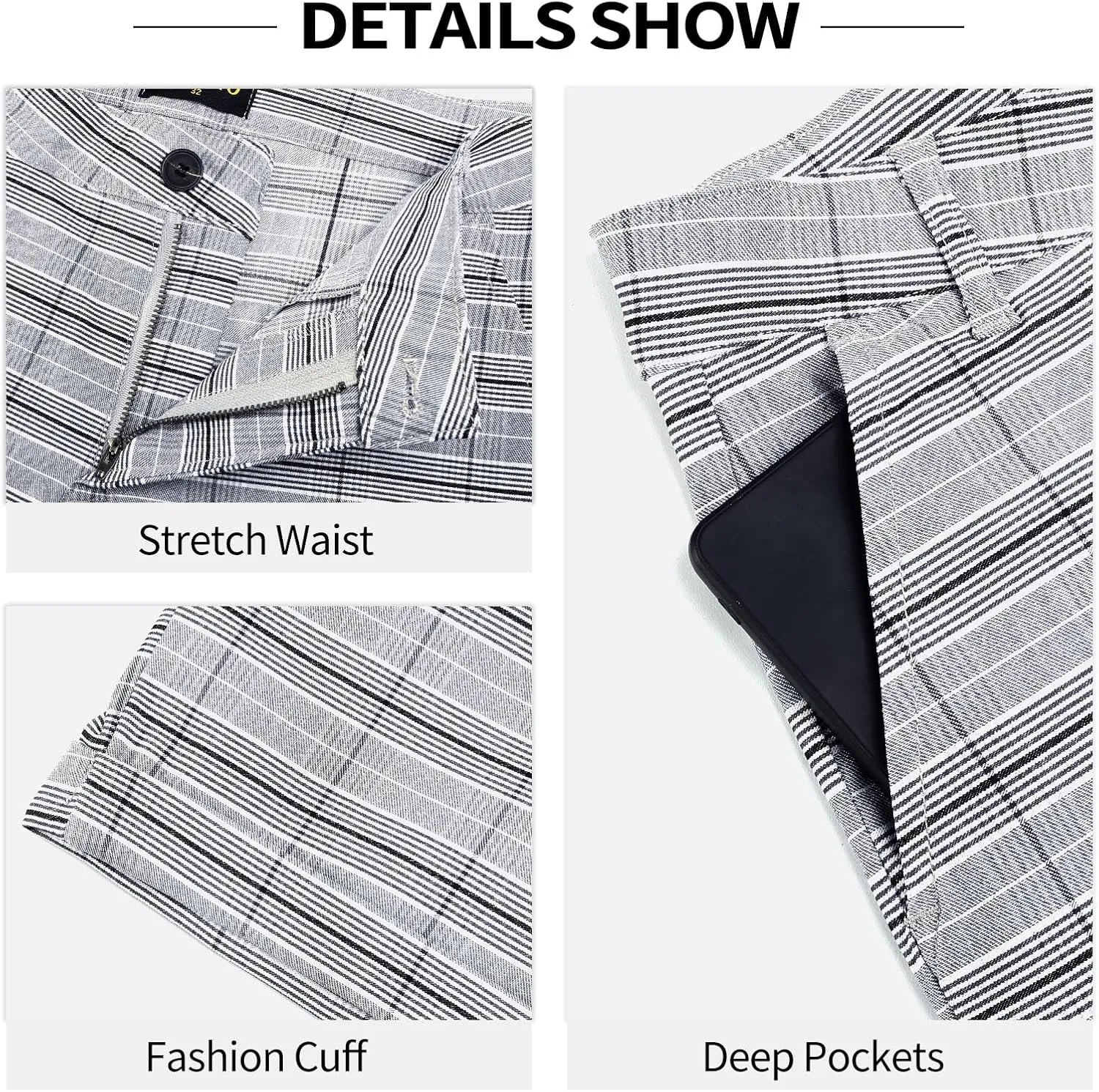 GINGTTO Mens Slim Fit Shorts Plaid Chino Short Tapered Leg Skinny Stretch