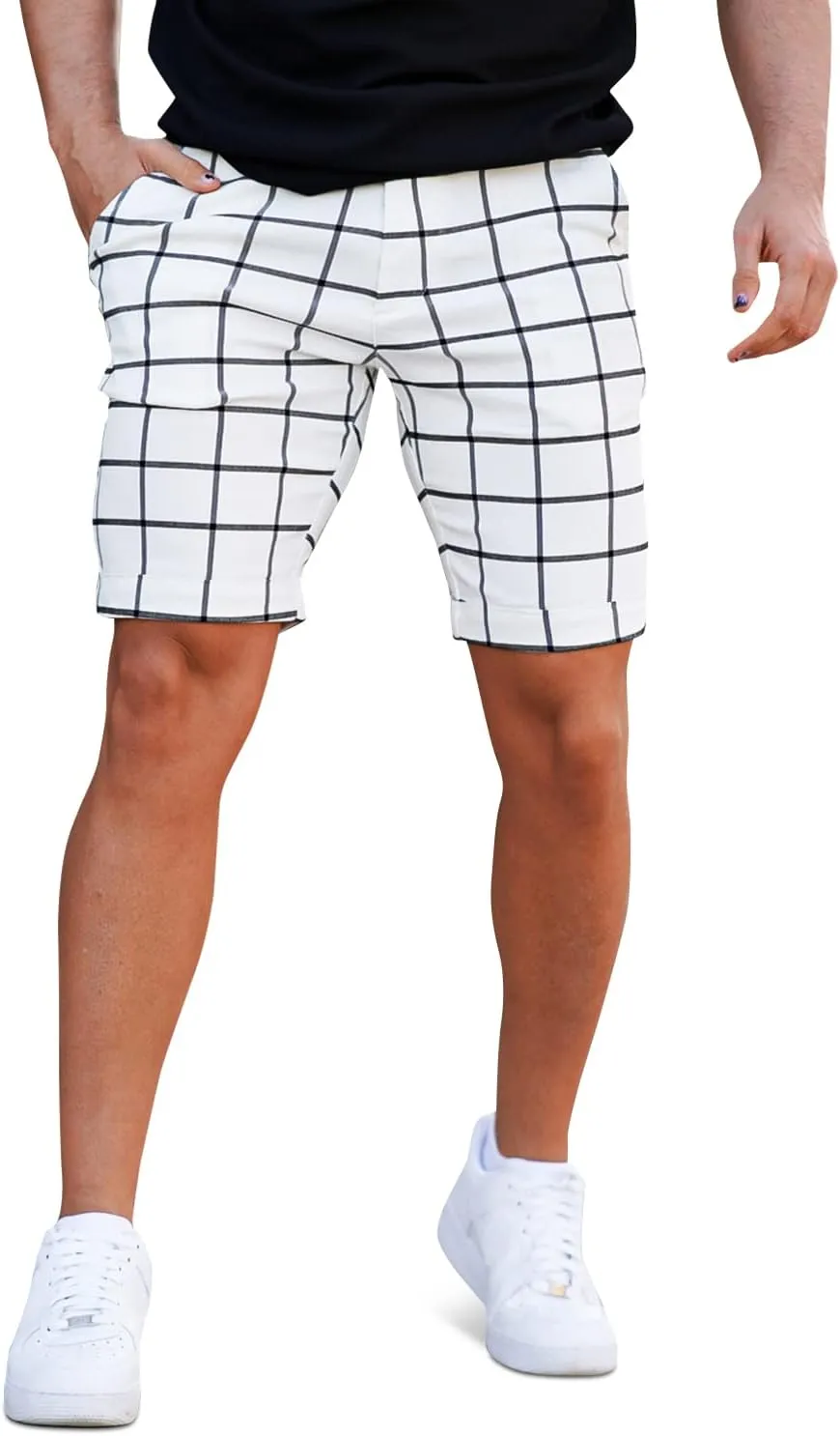 GINGTTO Mens Slim Fit Shorts Plaid Chino Short Tapered Leg Skinny Stretch