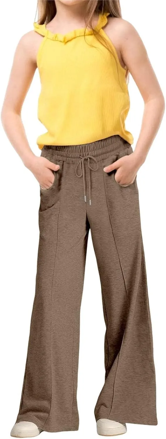 Girls Wide Leg Sweatpants High Waisted Baggy Drawstring Pants Elastic Elevated Seams Loose Active Pants with Pockets