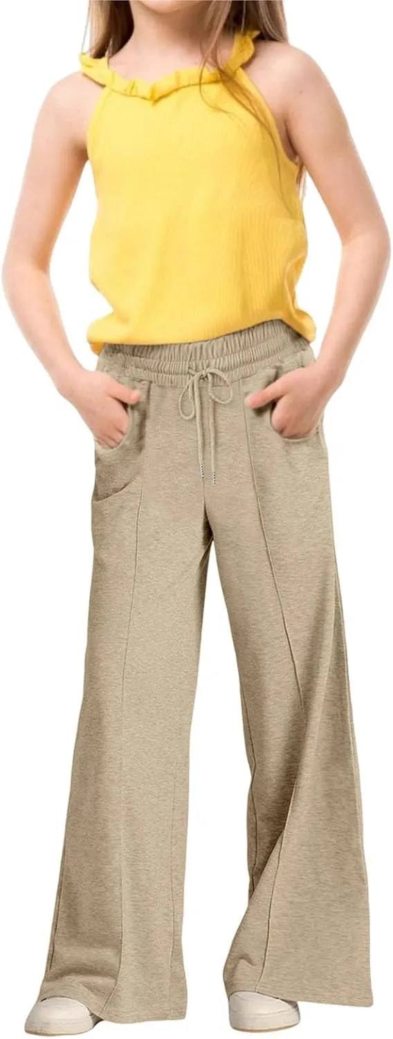 Girls Wide Leg Sweatpants High Waisted Baggy Drawstring Pants Elastic Elevated Seams Loose Active Pants with Pockets