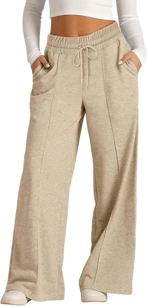 Girls Wide Leg Sweatpants High Waisted Baggy Drawstring Pants Elastic Elevated Seams Loose Active Pants with Pockets
