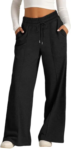 Girls Wide Leg Sweatpants High Waisted Baggy Drawstring Pants Elastic Elevated Seams Loose Active Pants with Pockets