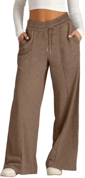 Girls Wide Leg Sweatpants High Waisted Baggy Drawstring Pants Elastic Elevated Seams Loose Active Pants with Pockets