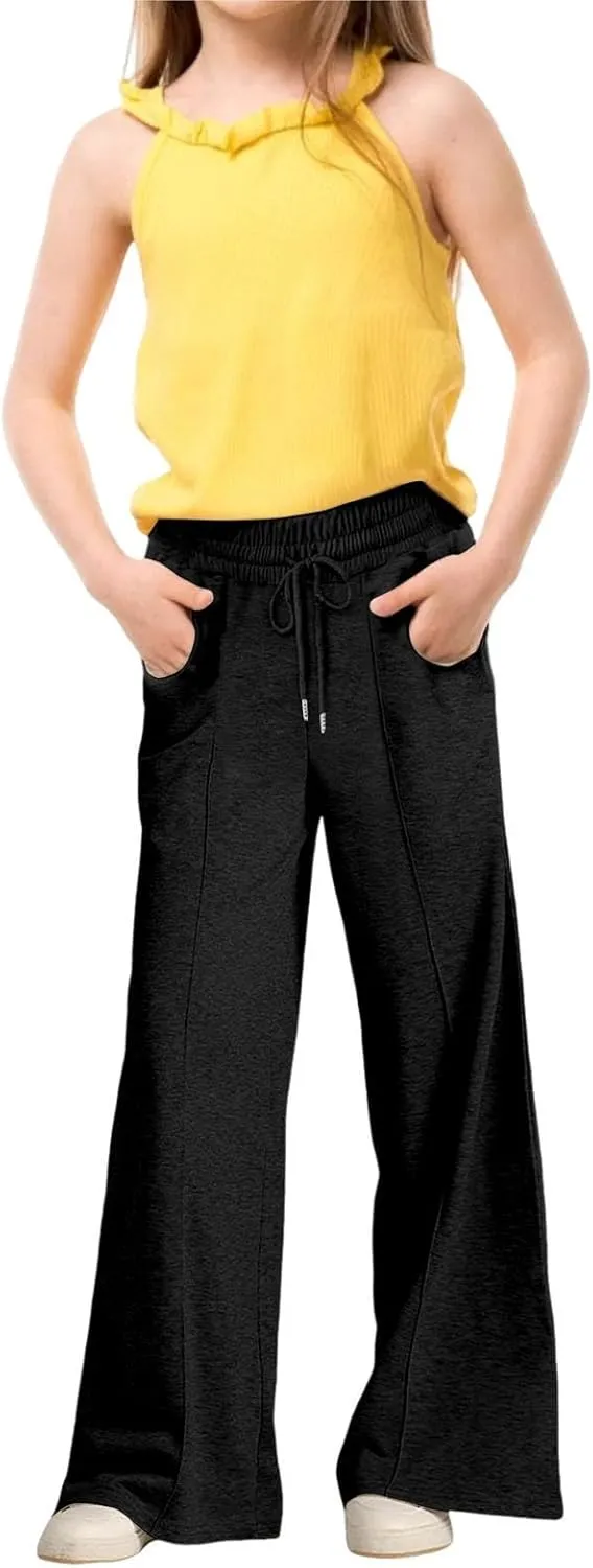 Girls Wide Leg Sweatpants High Waisted Baggy Drawstring Pants Elastic Elevated Seams Loose Active Pants with Pockets