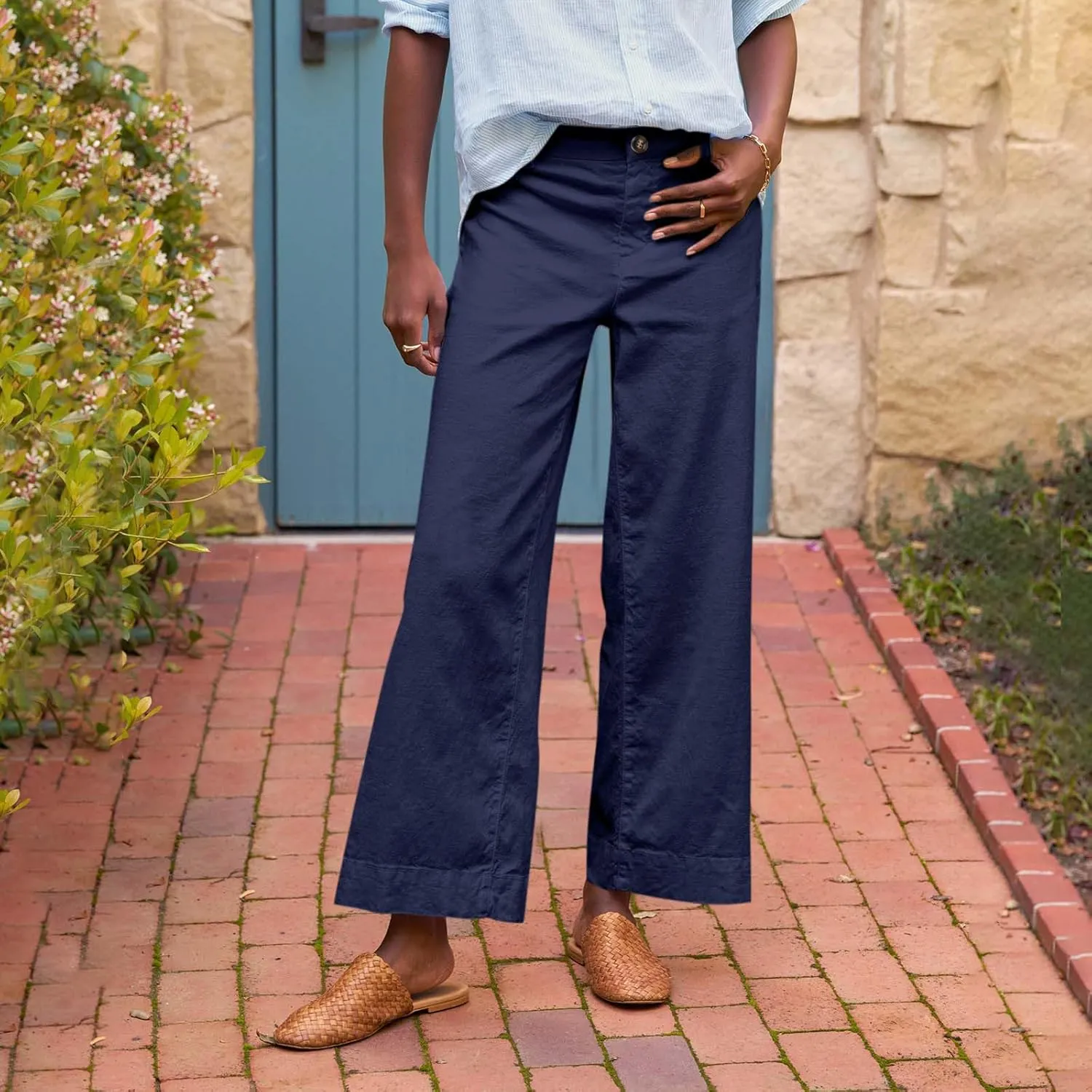 GOFULY Linen Palazzo Pants 2025 Vacation Summer Button Zipper Lounge Pants High Rise with Pocket Elegant Solid Beach Clothes