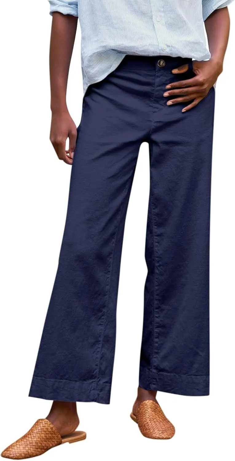 GOFULY Linen Palazzo Pants 2025 Vacation Summer Button Zipper Lounge Pants High Rise with Pocket Elegant Solid Beach Clothes
