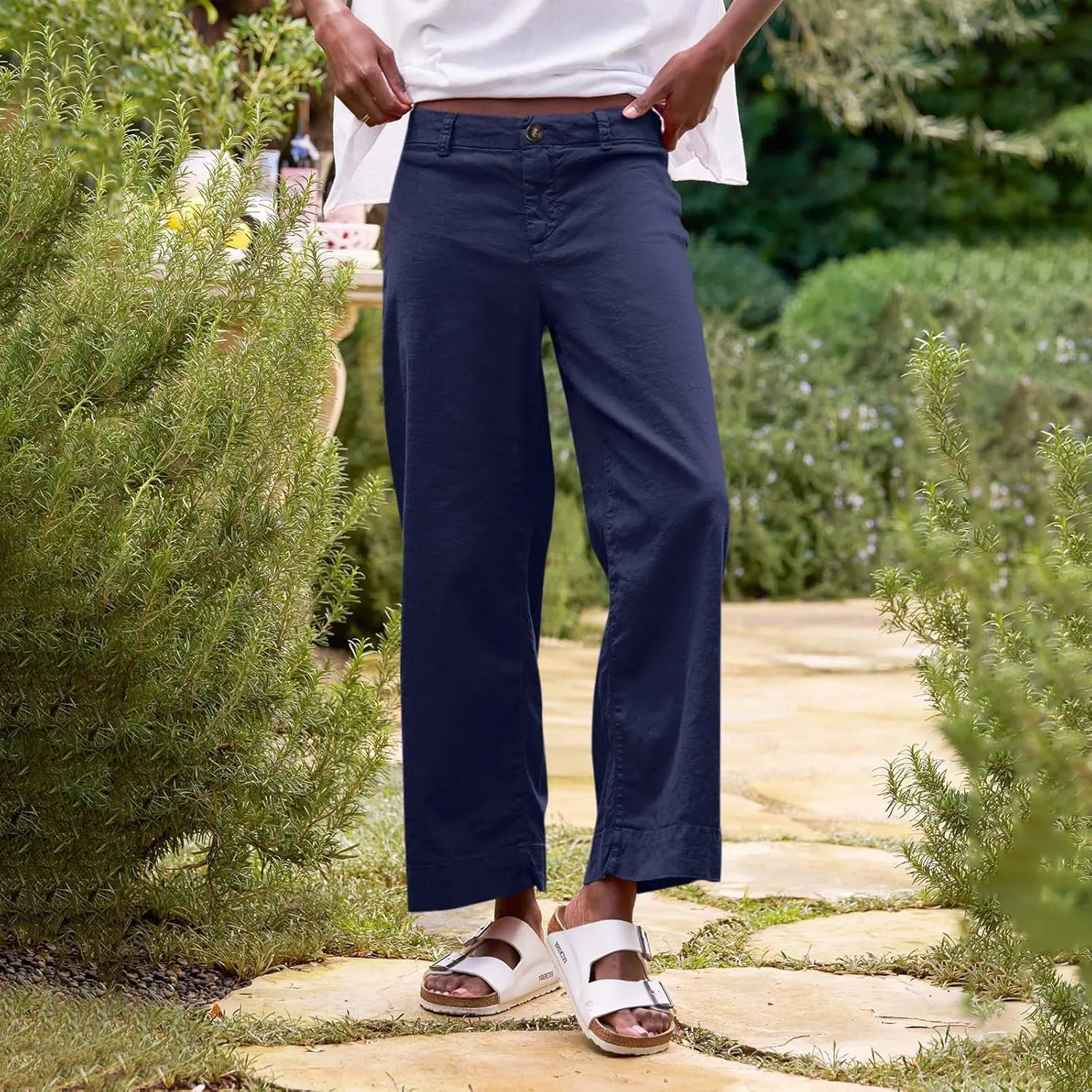 GOFULY Linen Palazzo Pants 2025 Vacation Summer Button Zipper Lounge Pants High Rise with Pocket Elegant Solid Beach Clothes