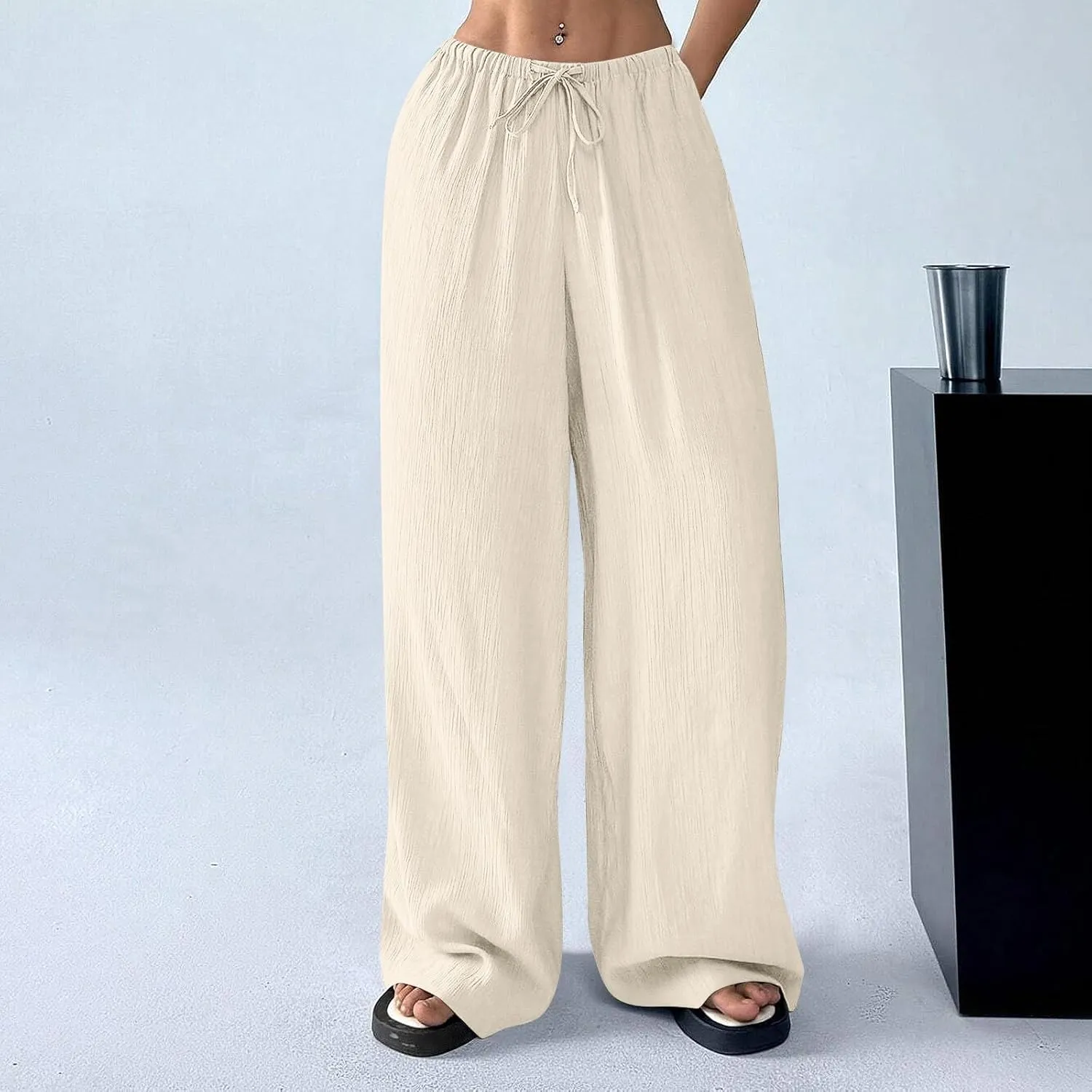 GOFULY Linen Palazzo Pants Women Wide Leg Trendy 2025 Pants High Waisted Drawstring Elastic Waist Summer Baggy Solid Trousers
