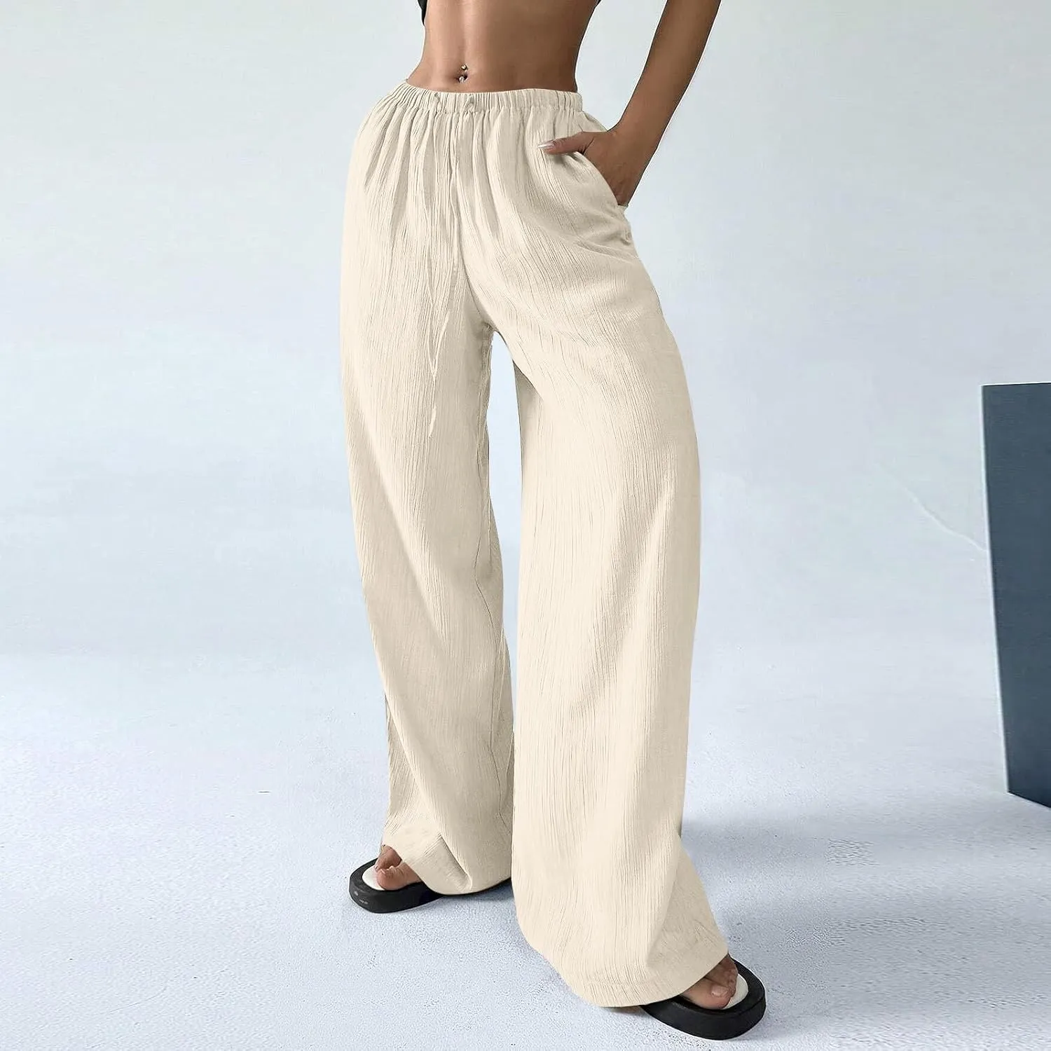 GOFULY Linen Palazzo Pants Women Wide Leg Trendy 2025 Pants High Waisted Drawstring Elastic Waist Summer Baggy Solid Trousers