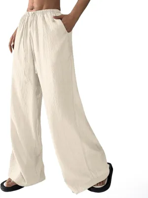 GOFULY Linen Palazzo Pants Women Wide Leg Trendy 2025 Pants High Waisted Drawstring Elastic Waist Summer Baggy Solid Trousers