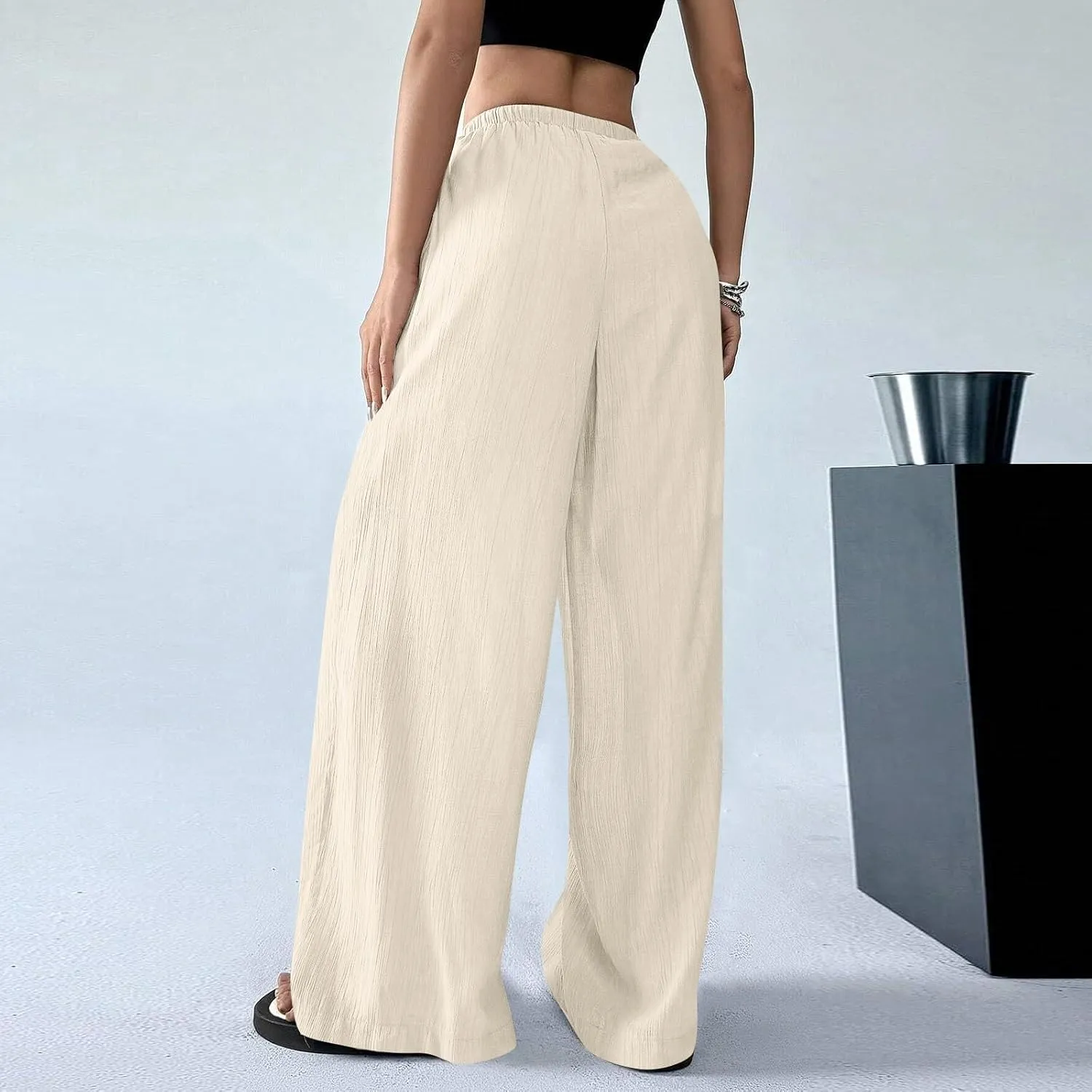 GOFULY Linen Palazzo Pants Women Wide Leg Trendy 2025 Pants High Waisted Drawstring Elastic Waist Summer Baggy Solid Trousers
