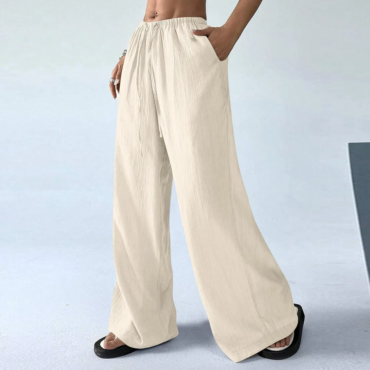 GOFULY Linen Palazzo Pants Women Wide Leg Trendy 2025 Pants High Waisted Drawstring Elastic Waist Summer Baggy Solid Trousers