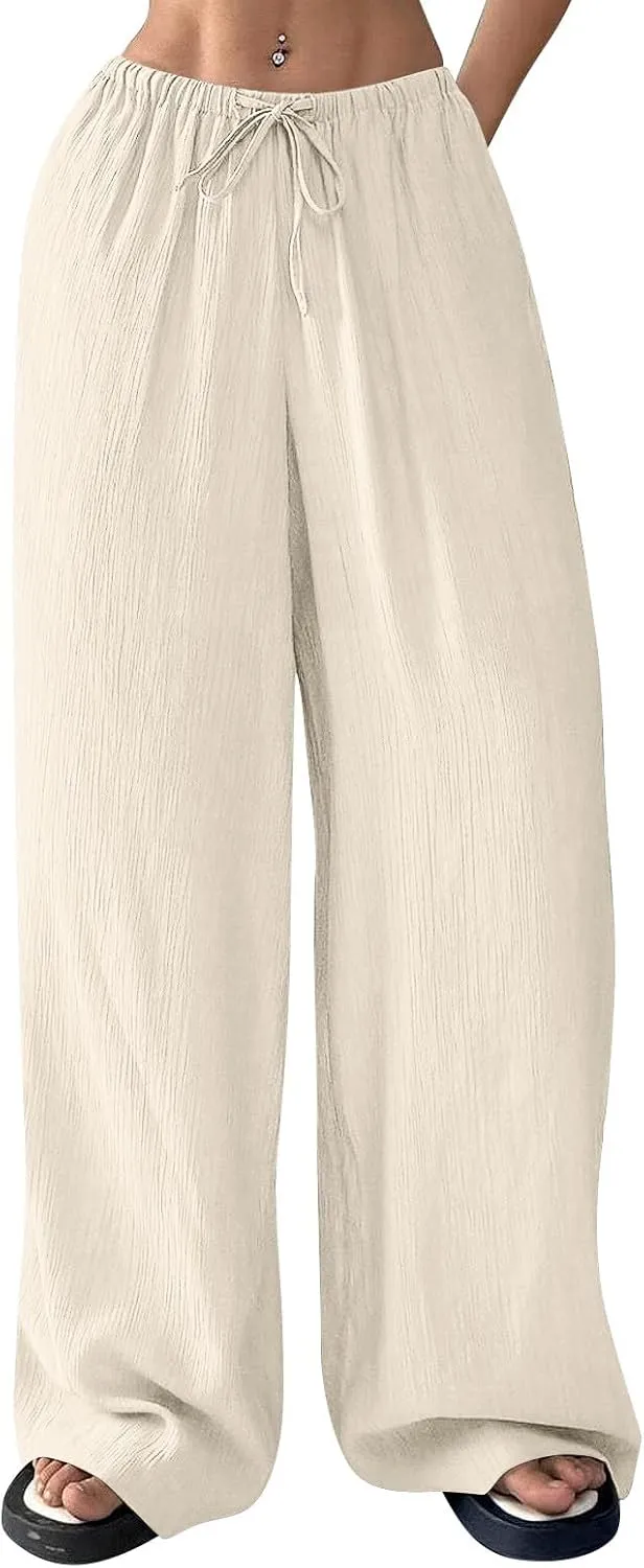 GOFULY Linen Palazzo Pants Women Wide Leg Trendy 2025 Pants High Waisted Drawstring Elastic Waist Summer Baggy Solid Trousers