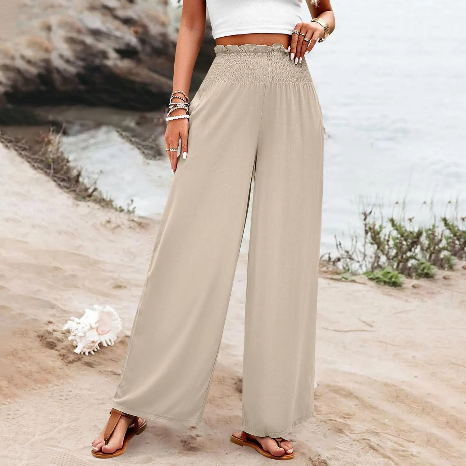 GOFULY Linen Pants Women Wide Leg 2025 High Waisted Pants Elastic Waist 2025 Summer Loose Fit Solid Trousers with Pockets