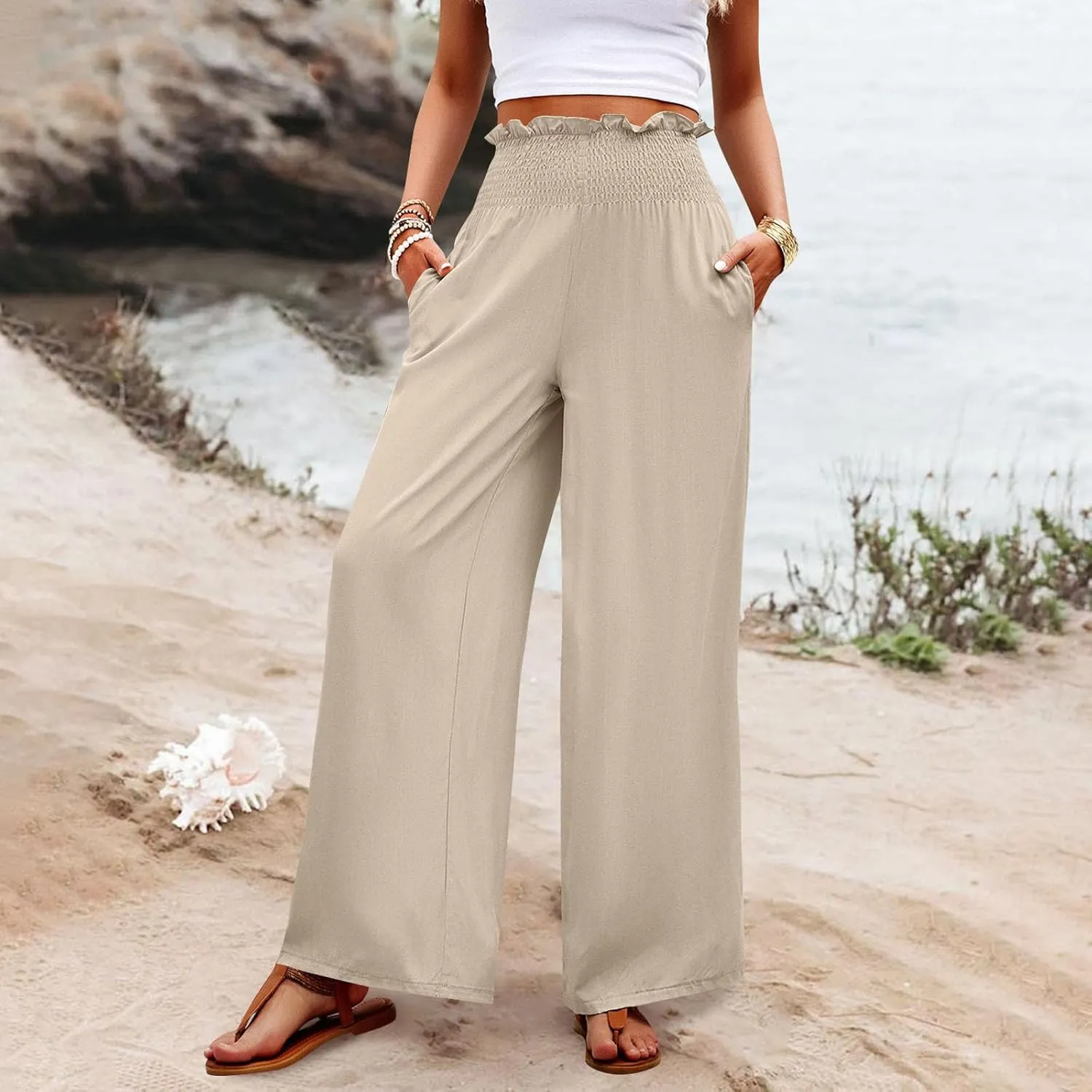 GOFULY Linen Pants Women Wide Leg 2025 High Waisted Pants Elastic Waist 2025 Summer Loose Fit Solid Trousers with Pockets