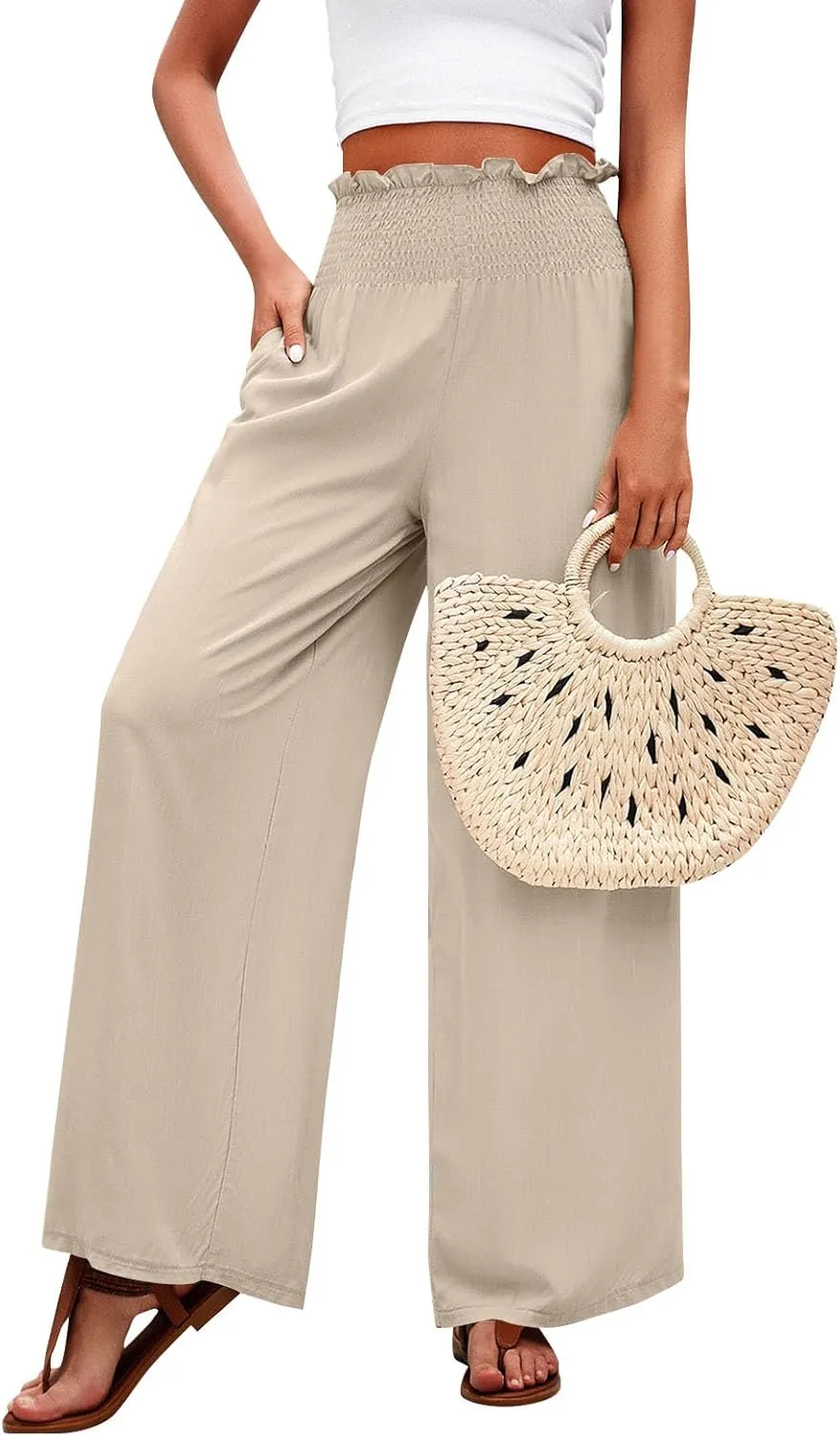 GOFULY Linen Pants Women Wide Leg 2025 High Waisted Pants Elastic Waist 2025 Summer Loose Fit Solid Trousers with Pockets