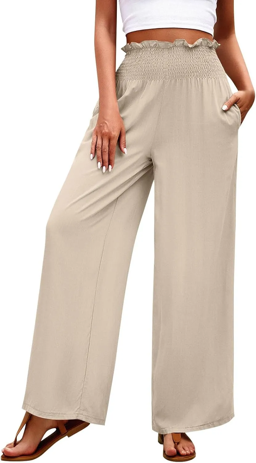 GOFULY Linen Pants Women Wide Leg 2025 High Waisted Pants Elastic Waist 2025 Summer Loose Fit Solid Trousers with Pockets