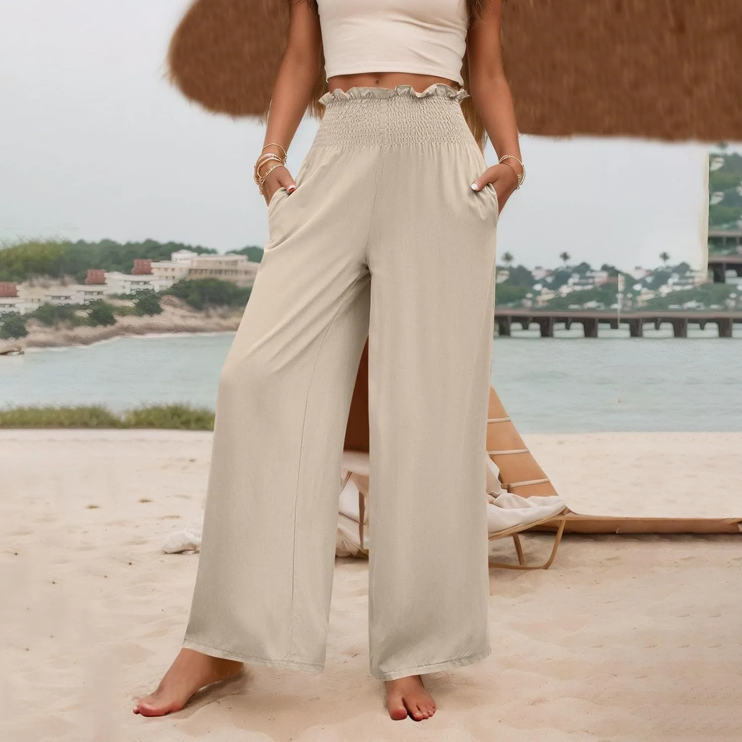 GOFULY Linen Pants Women Wide Leg 2025 High Waisted Pants Elastic Waist 2025 Summer Loose Fit Solid Trousers with Pockets