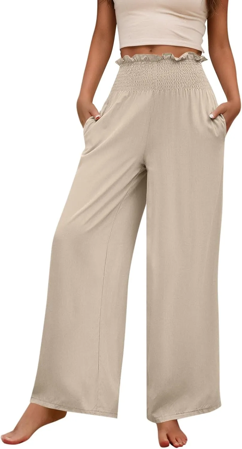 GOFULY Linen Pants Women Wide Leg 2025 High Waisted Pants Elastic Waist 2025 Summer Loose Fit Solid Trousers with Pockets
