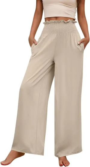 GOFULY Linen Pants Women Wide Leg 2025 High Waisted Pants Elastic Waist 2025 Summer Loose Fit Solid Trousers with Pockets
