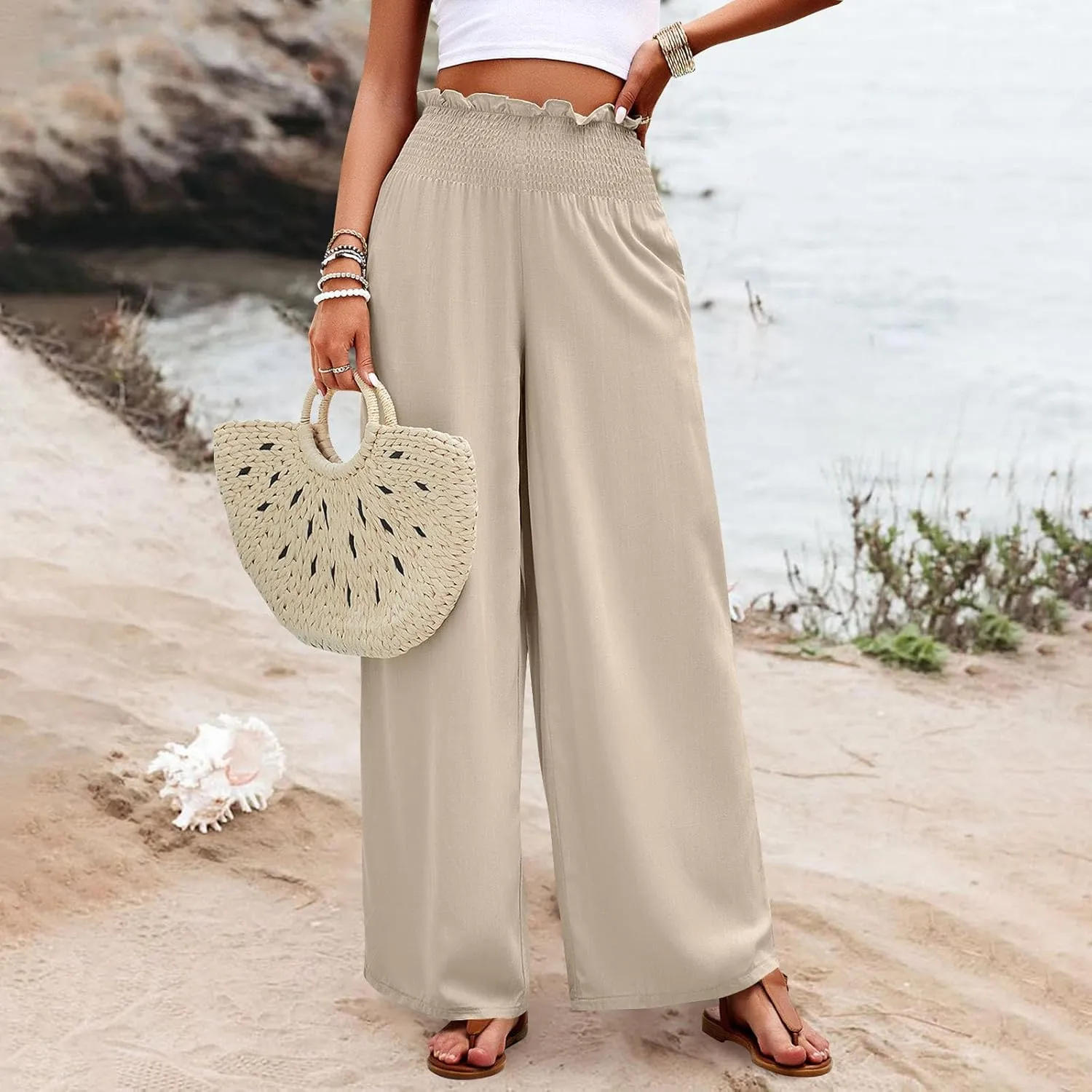 GOFULY Linen Pants Women Wide Leg 2025 High Waisted Pants Elastic Waist 2025 Summer Loose Fit Solid Trousers with Pockets