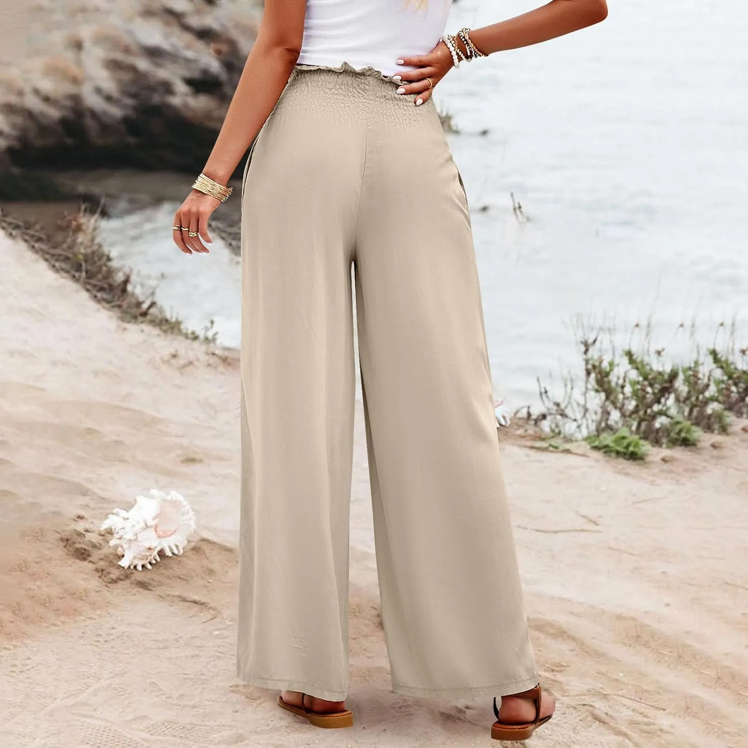 GOFULY Linen Pants Women Wide Leg 2025 High Waisted Pants Elastic Waist 2025 Summer Loose Fit Solid Trousers with Pockets