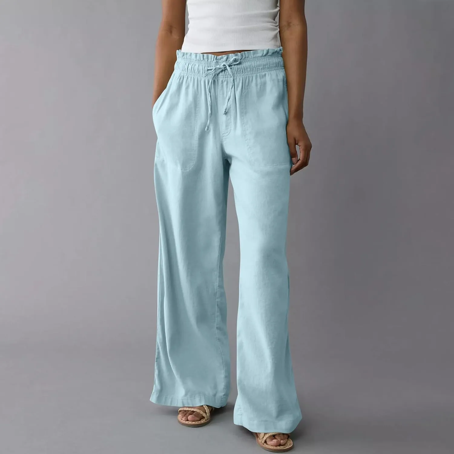 GOFULY Wide Leg Pants for Women Cotton Lined Beach 2025 Elastic Waist Drawstring Summer Pants High Waisted Solid Clothes