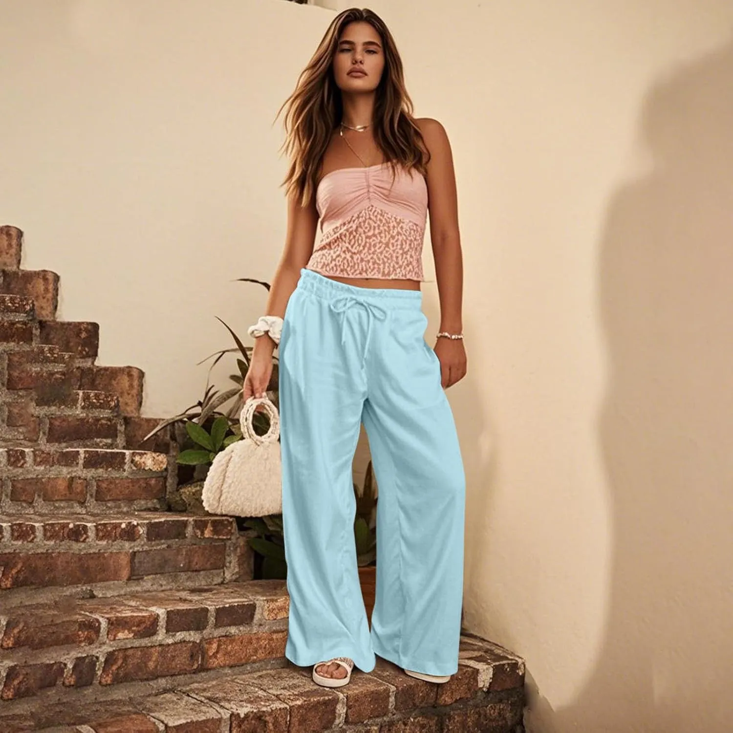 GOFULY Wide Leg Pants for Women Cotton Lined Beach 2025 Elastic Waist Drawstring Summer Pants High Waisted Solid Clothes