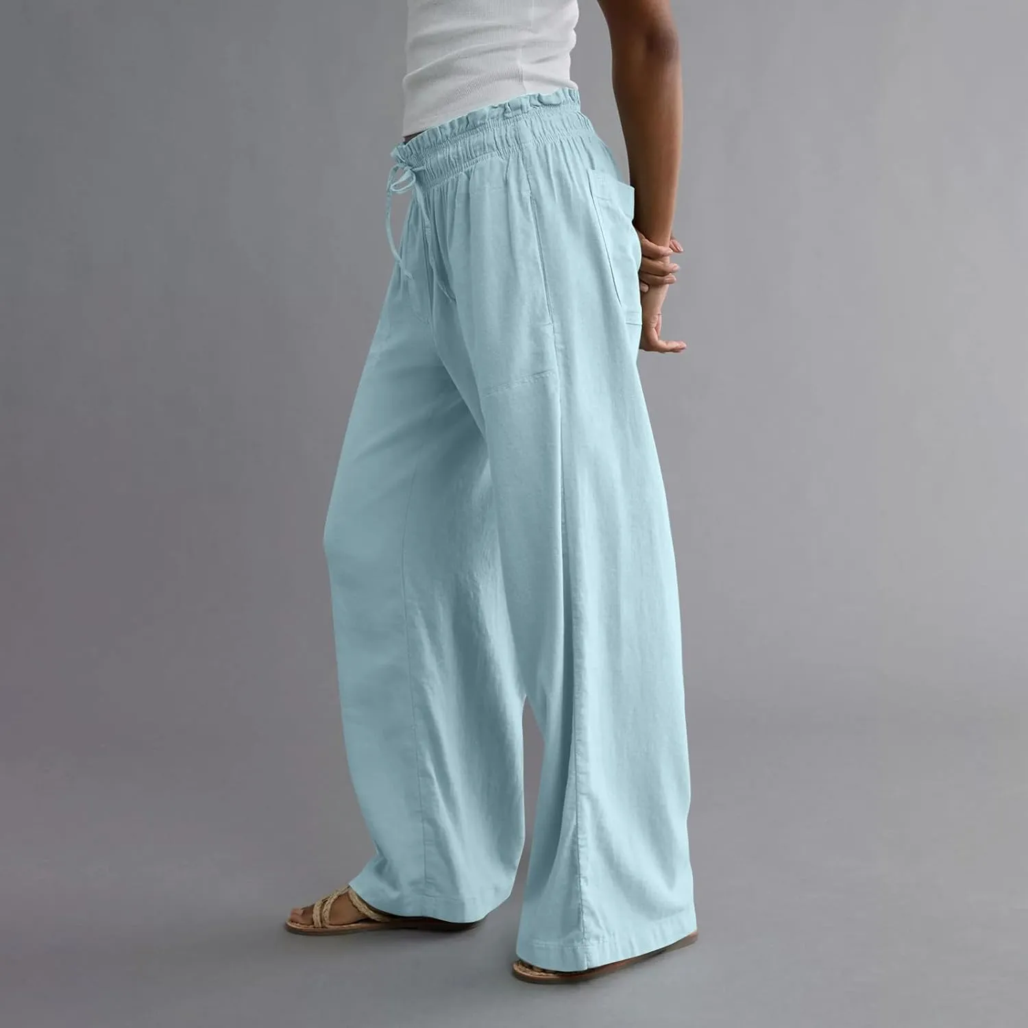 GOFULY Wide Leg Pants for Women Cotton Lined Beach 2025 Elastic Waist Drawstring Summer Pants High Waisted Solid Clothes