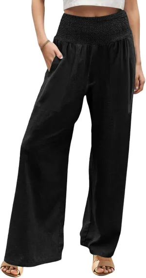 GOFULY Wide Leg Pants for Women Cotton Linen 2025 Summer Elastic Waist Palazzo Pants High Waisted Pocket Baggy Solid Clothes
