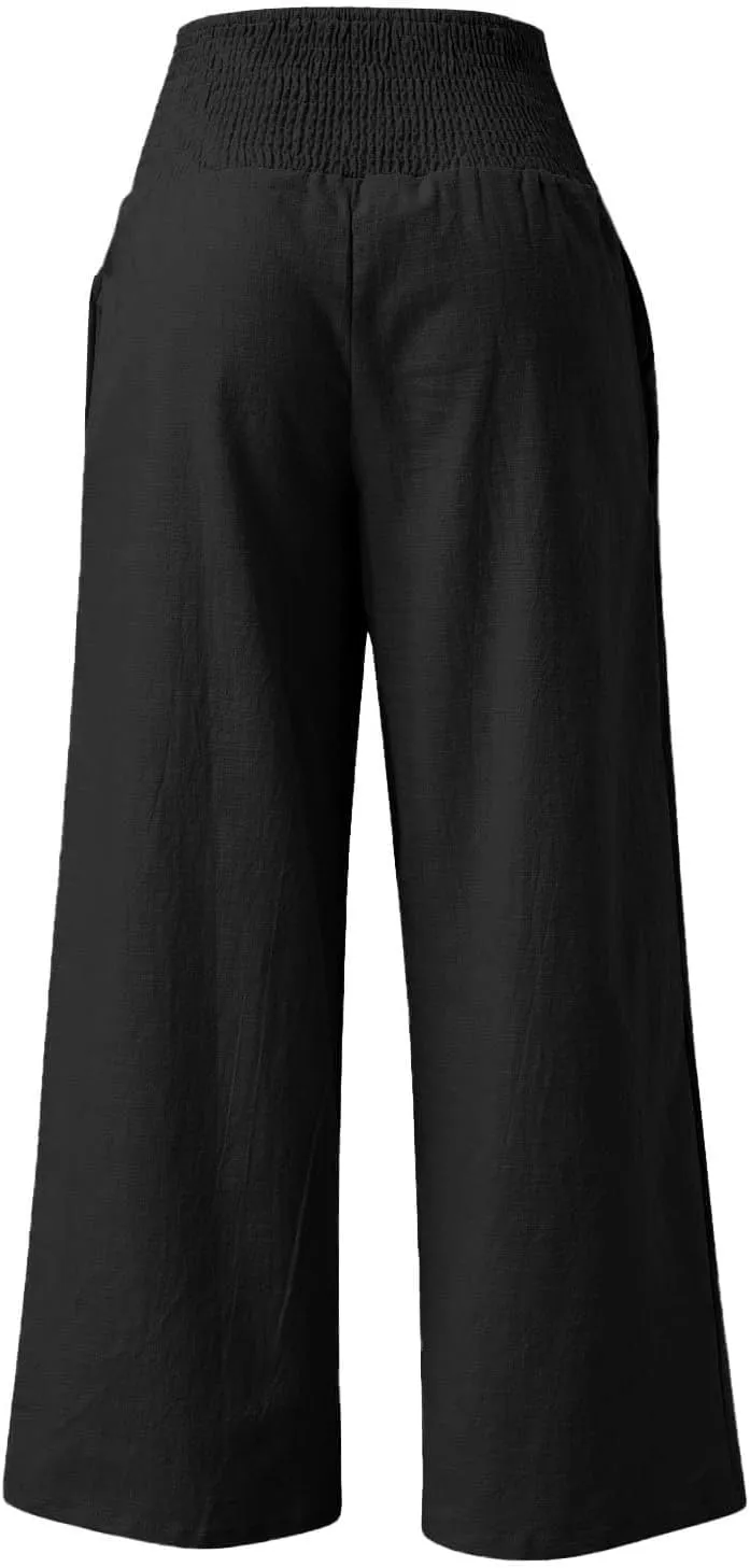 GOFULY Wide Leg Pants for Women Cotton Linen 2025 Summer Elastic Waist Palazzo Pants High Waisted Pocket Baggy Solid Clothes