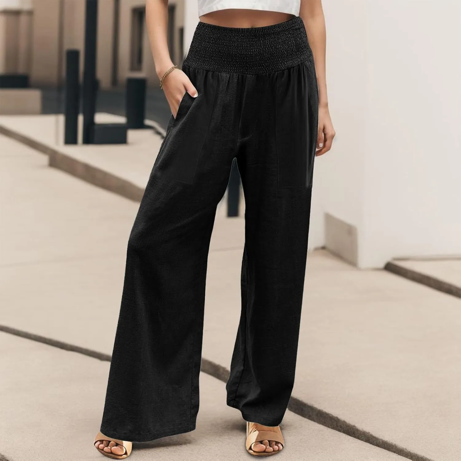 GOFULY Wide Leg Pants for Women Cotton Linen 2025 Summer Elastic Waist Palazzo Pants High Waisted Pocket Baggy Solid Clothes