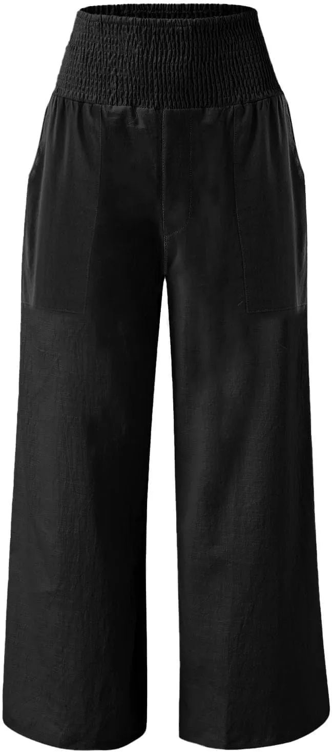 GOFULY Wide Leg Pants for Women Cotton Linen 2025 Summer Elastic Waist Palazzo Pants High Waisted Pocket Baggy Solid Clothes