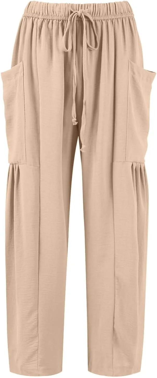 GOFULY Womens Linen Pants Wide Leg Casual High Waisted Casual Pants Drawstring Elastic Waist Summer Solid Clothes Pockets