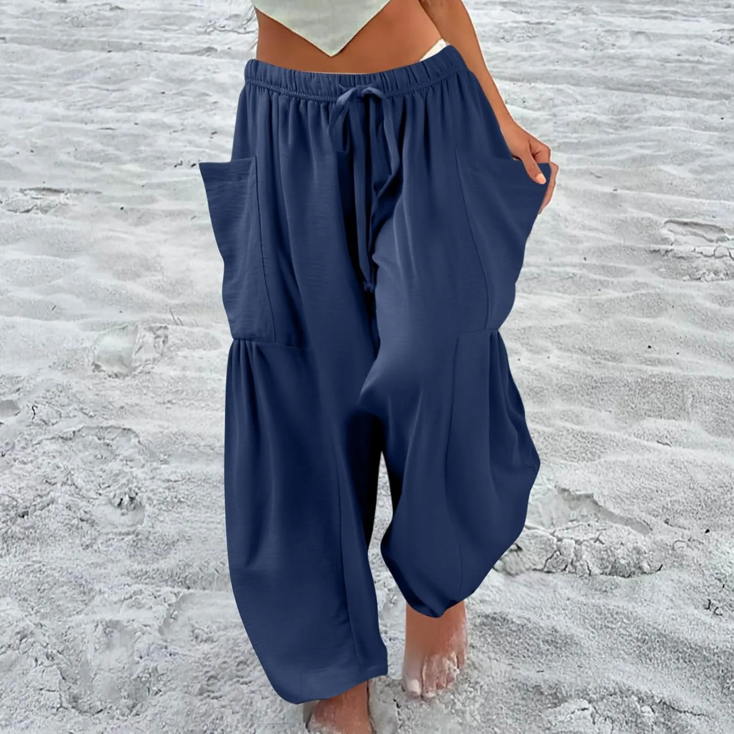 GOFULY Womens Linen Pants Wide Leg Casual High Waisted Casual Pants Drawstring Elastic Waist Summer Solid Clothes Pockets