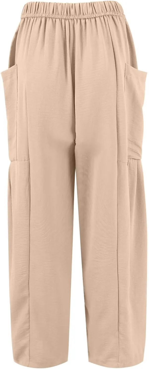 GOFULY Womens Linen Pants Wide Leg Casual High Waisted Casual Pants Drawstring Elastic Waist Summer Solid Clothes Pockets