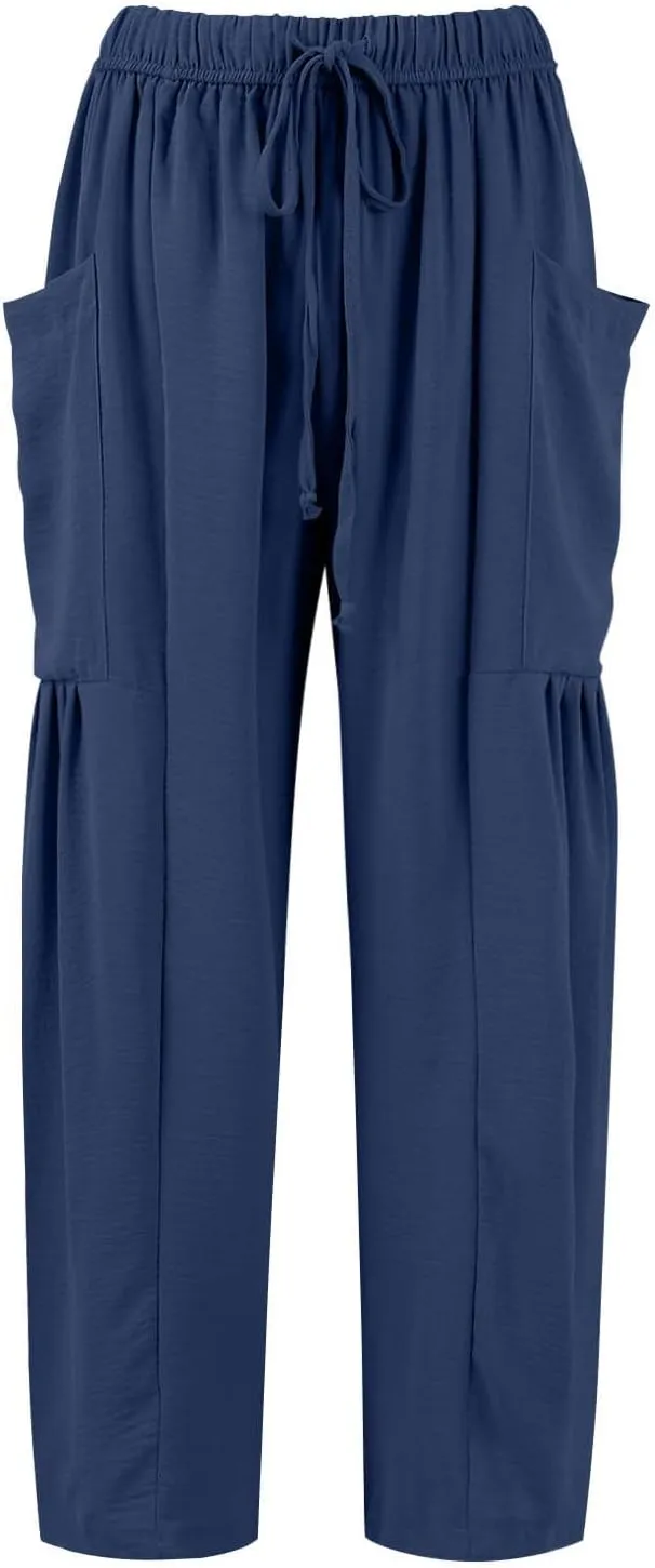 GOFULY Womens Linen Pants Wide Leg Casual High Waisted Casual Pants Drawstring Elastic Waist Summer Solid Clothes Pockets