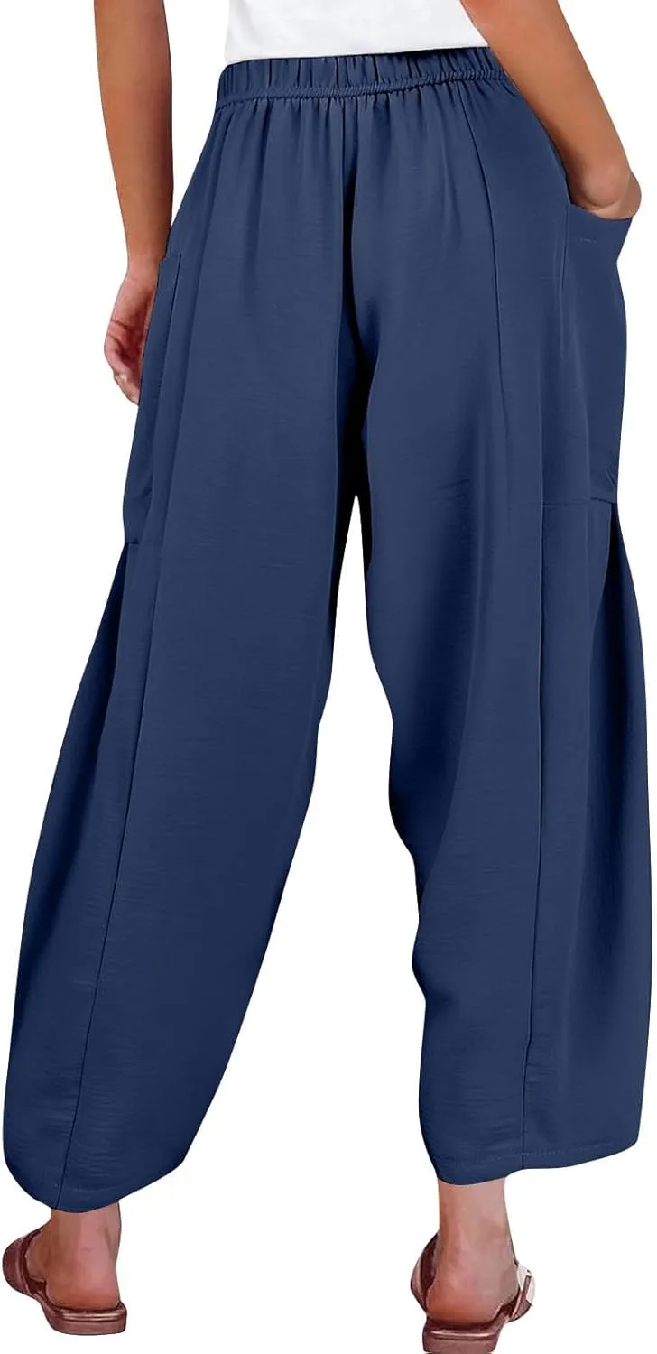 GOFULY Womens Linen Pants Wide Leg Casual High Waisted Casual Pants Drawstring Elastic Waist Summer Solid Clothes Pockets