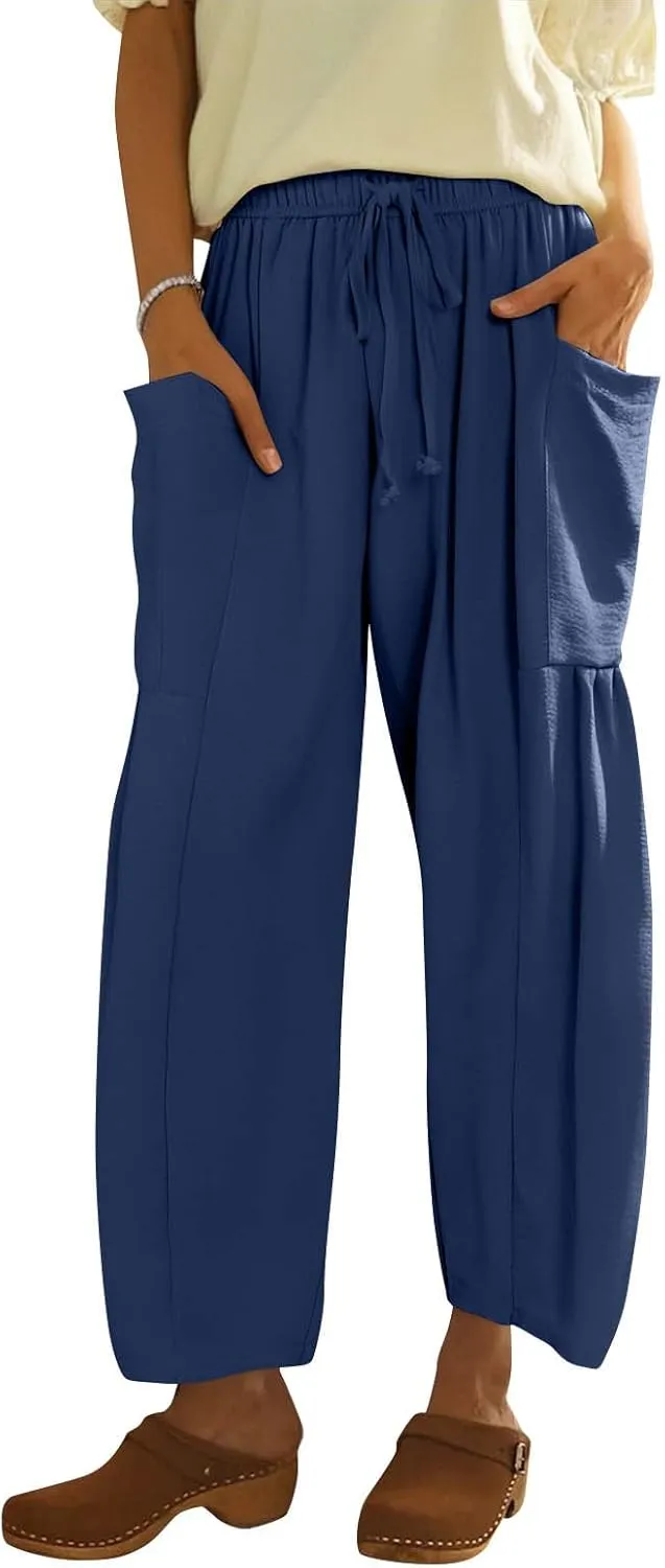 GOFULY Womens Linen Pants Wide Leg Casual High Waisted Casual Pants Drawstring Elastic Waist Summer Solid Clothes Pockets