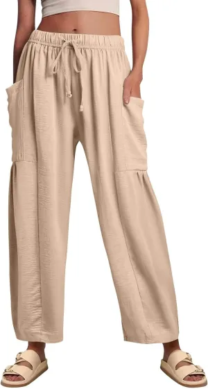 GOFULY Womens Linen Pants Wide Leg Casual High Waisted Casual Pants Drawstring Elastic Waist Summer Solid Clothes Pockets