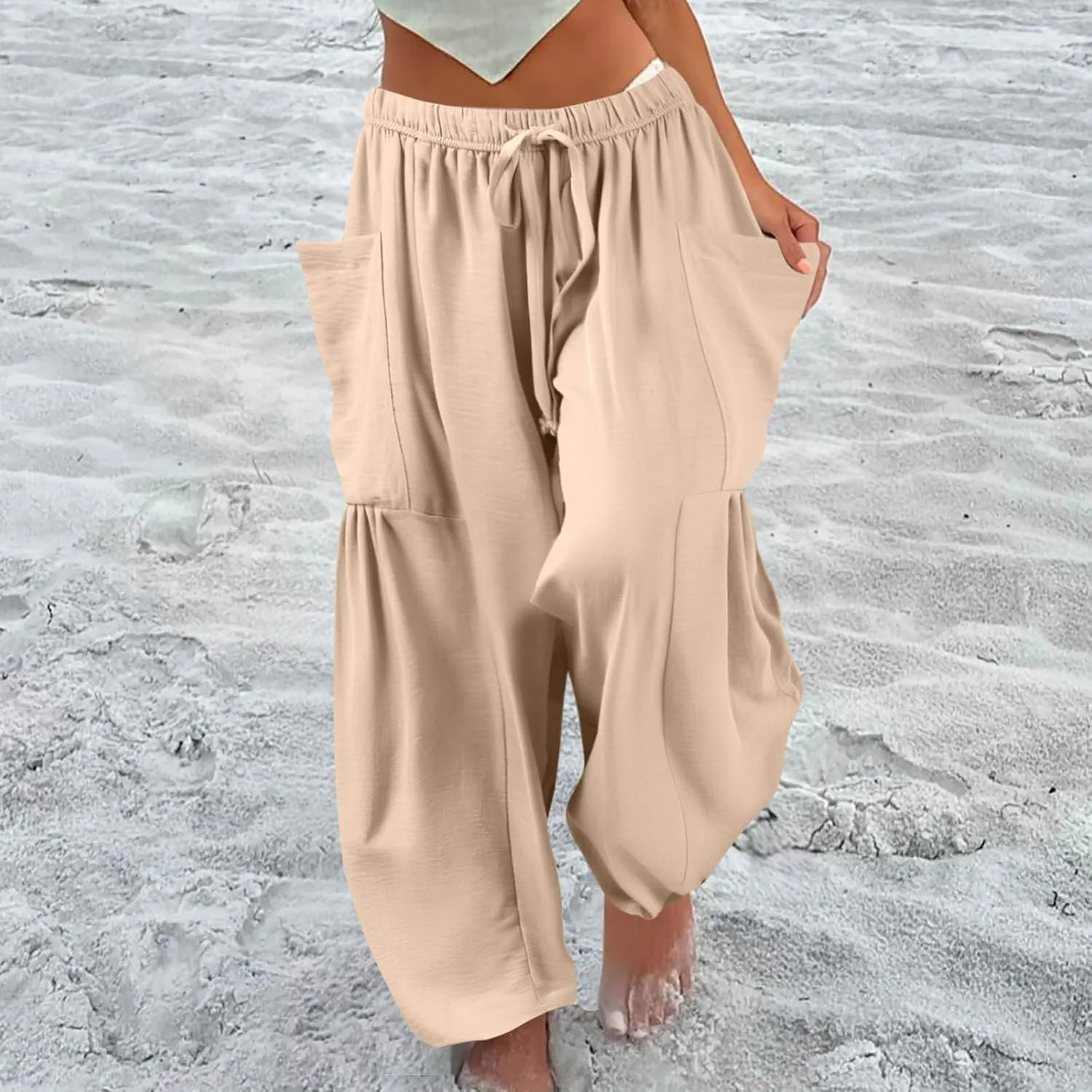 GOFULY Womens Linen Pants Wide Leg Casual High Waisted Casual Pants Drawstring Elastic Waist Summer Solid Clothes Pockets