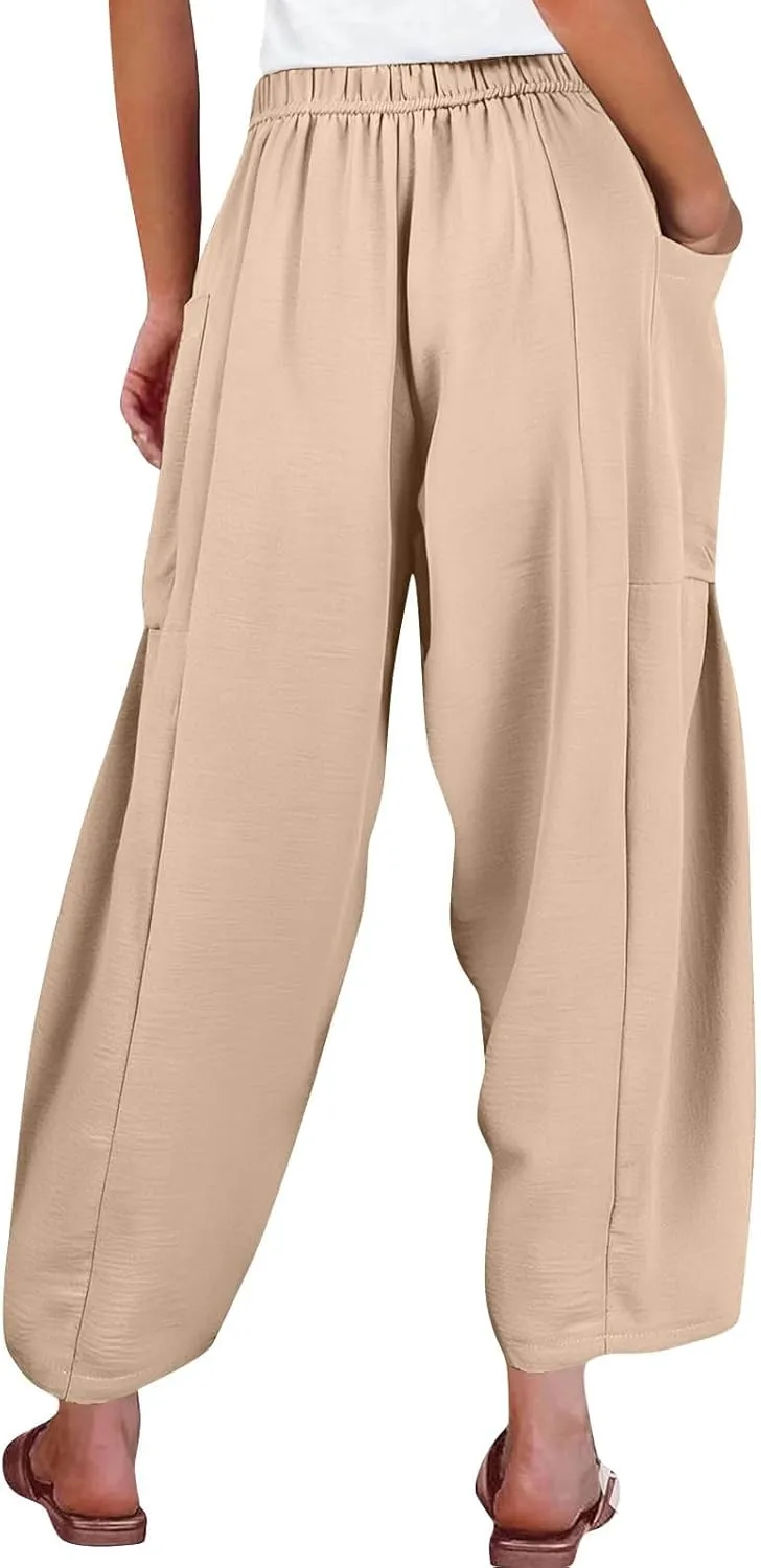 GOFULY Womens Linen Pants Wide Leg Casual High Waisted Casual Pants Drawstring Elastic Waist Summer Solid Clothes Pockets