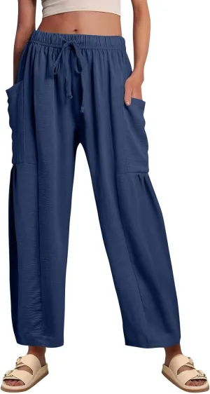 GOFULY Womens Linen Pants Wide Leg Casual High Waisted Casual Pants Drawstring Elastic Waist Summer Solid Clothes Pockets
