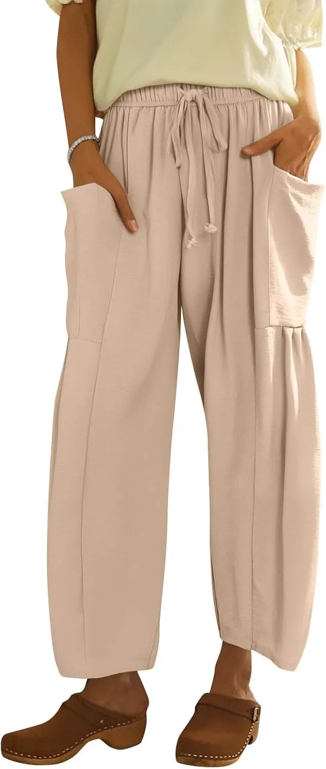 GOFULY Womens Linen Pants Wide Leg Casual High Waisted Casual Pants Drawstring Elastic Waist Summer Solid Clothes Pockets