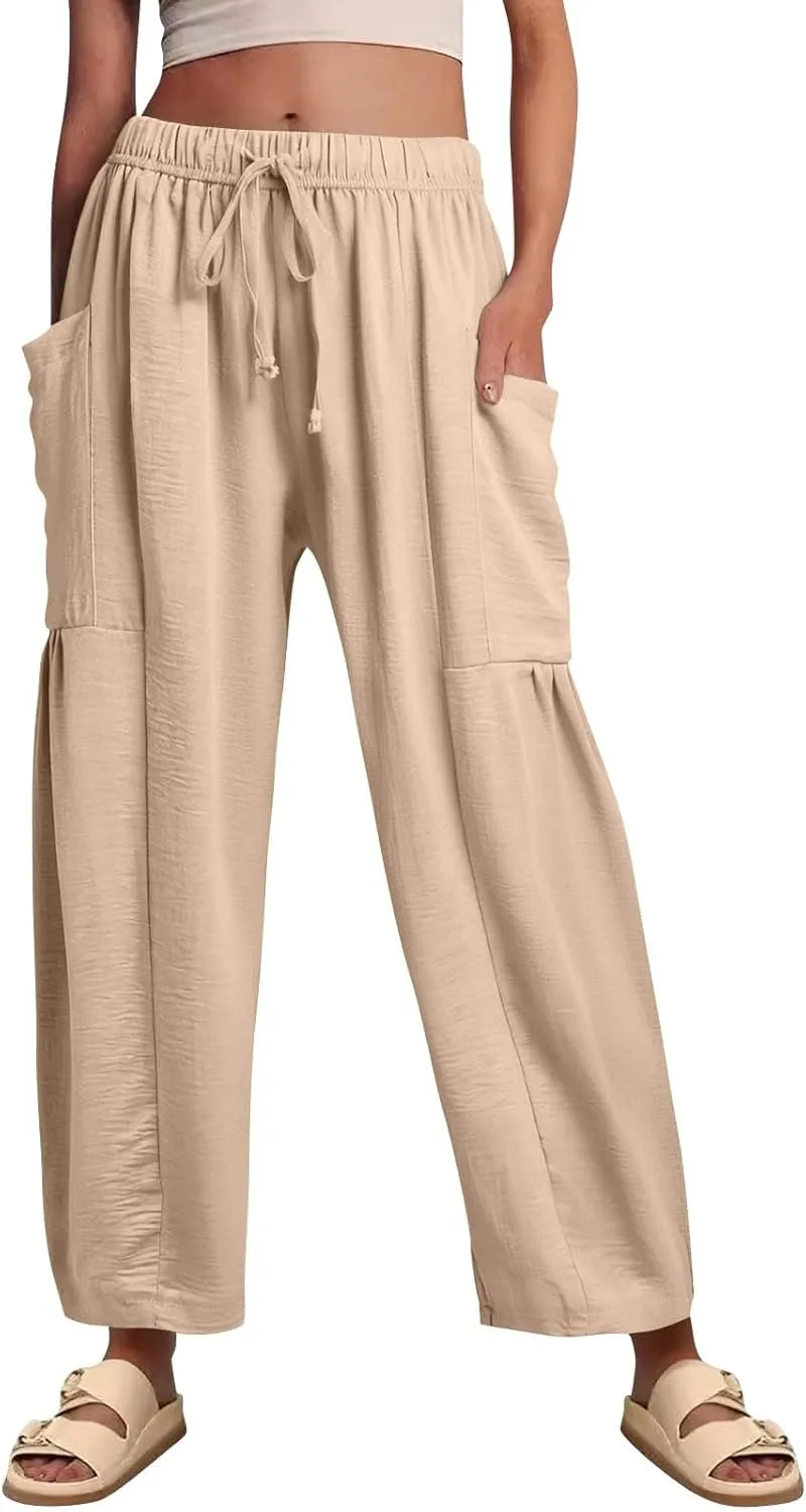 GOFULY Womens Linen Pants Wide Leg Casual High Waisted Casual Pants Drawstring Elastic Waist Summer Solid Clothes Pockets