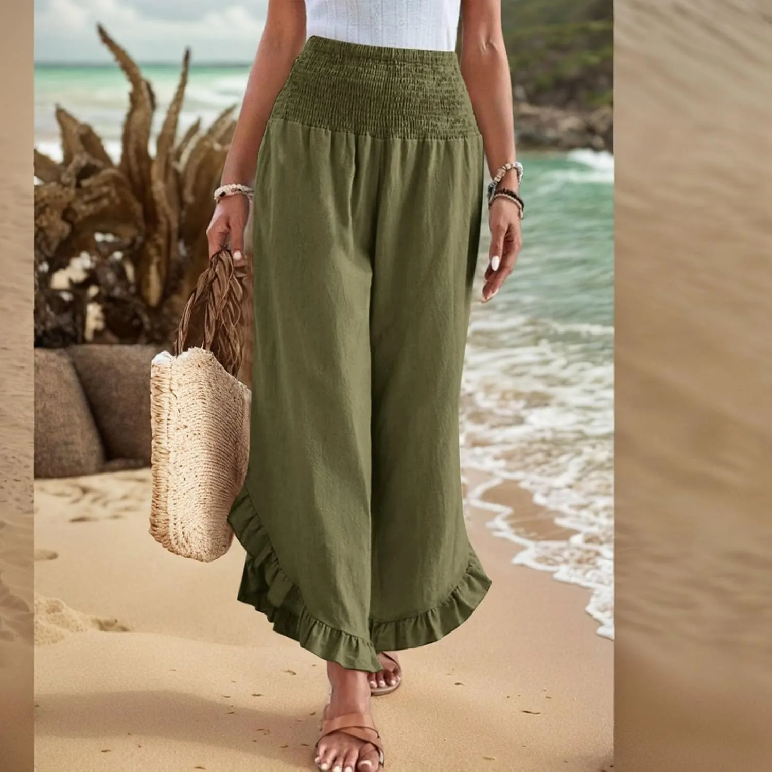GOFULY Womens Wide Leg Pants Cotton Linen Vacation Summer Elastic Waist Pants High Waisted 2025 Pockets Cropped Solid Trouser