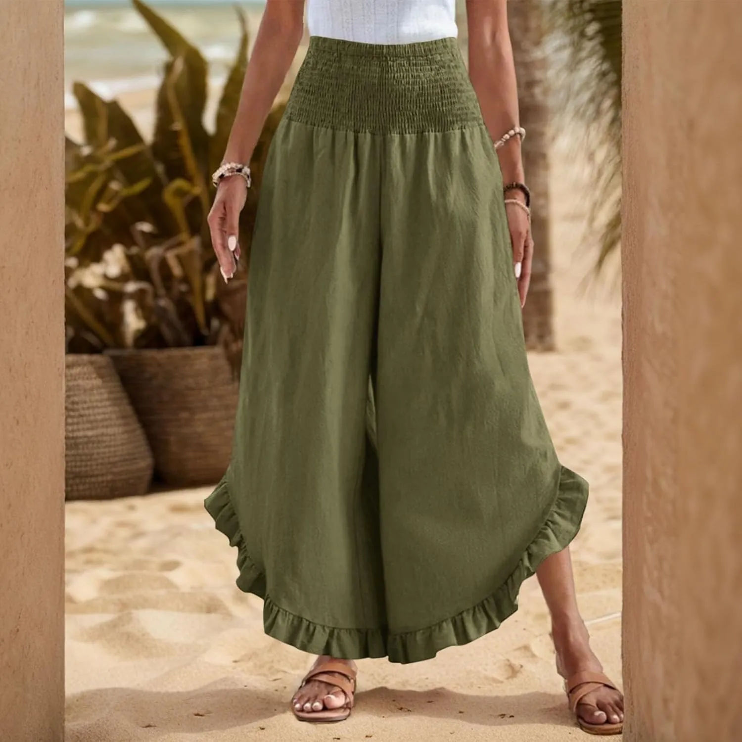 GOFULY Womens Wide Leg Pants Cotton Linen Vacation Summer Elastic Waist Pants High Waisted 2025 Pockets Cropped Solid Trouser