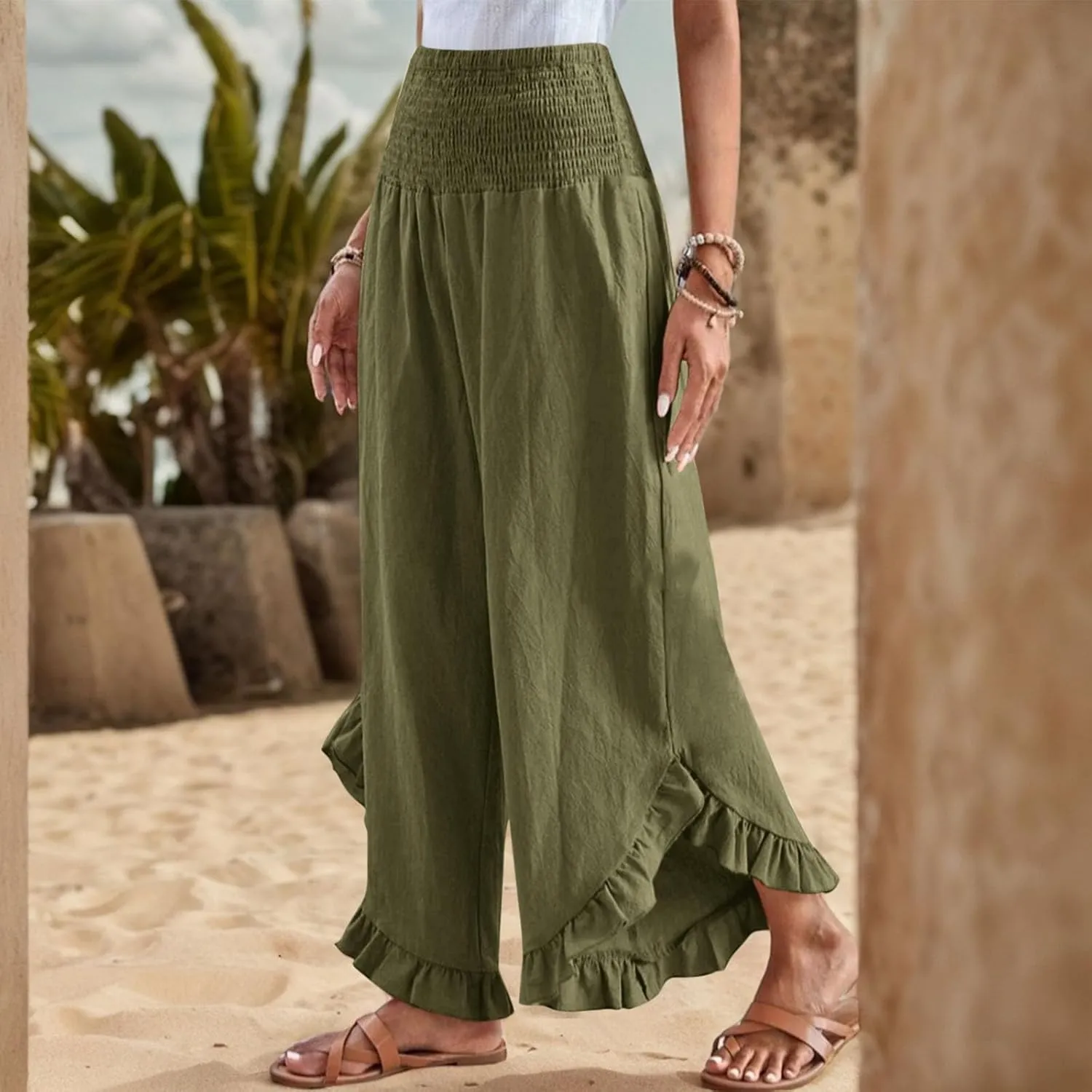 GOFULY Womens Wide Leg Pants Cotton Linen Vacation Summer Elastic Waist Pants High Waisted 2025 Pockets Cropped Solid Trouser