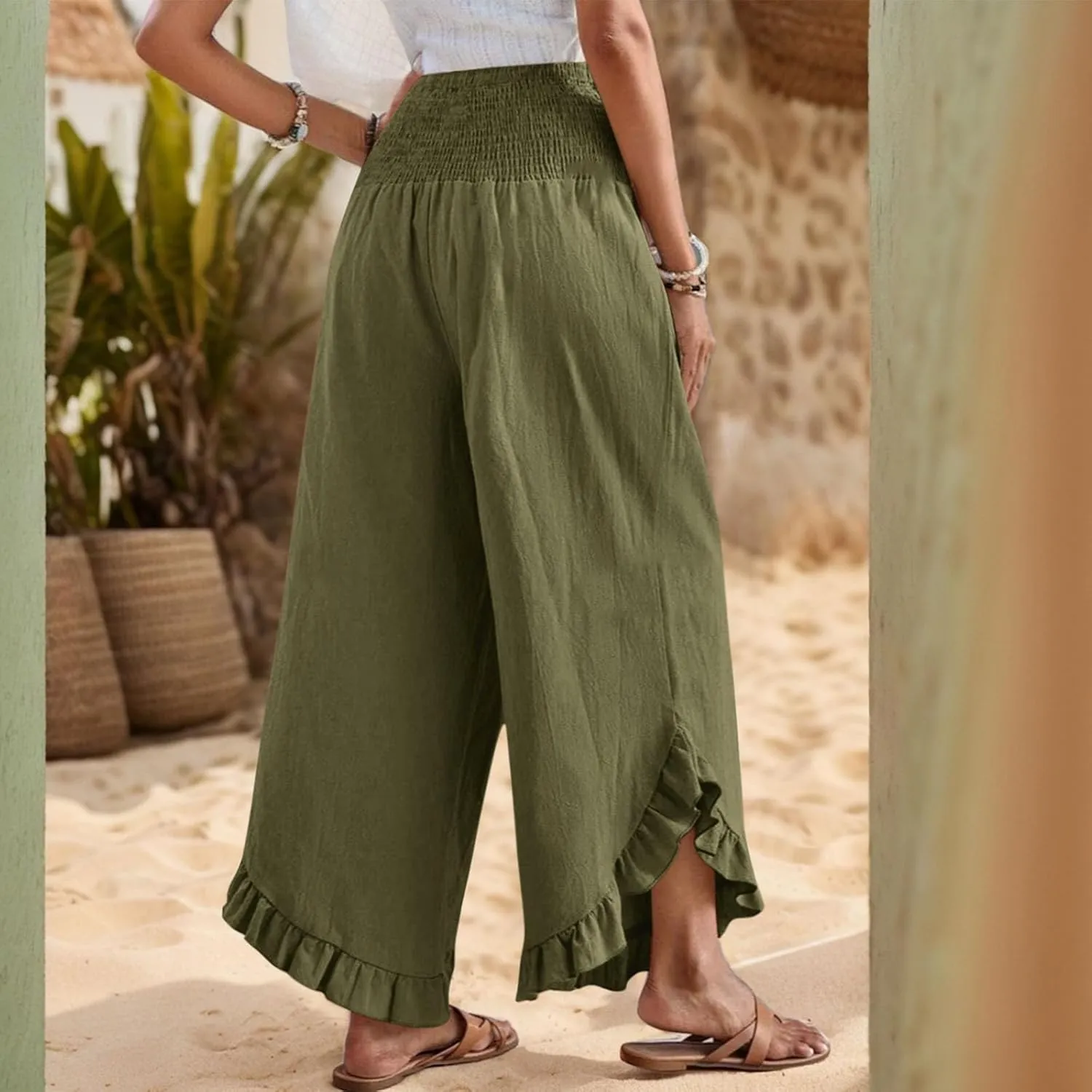 GOFULY Womens Wide Leg Pants Cotton Linen Vacation Summer Elastic Waist Pants High Waisted 2025 Pockets Cropped Solid Trouser