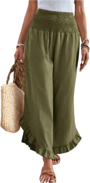 GOFULY Womens Wide Leg Pants Cotton Linen Vacation Summer Elastic Waist Pants High Waisted 2025 Pockets Cropped Solid Trouser